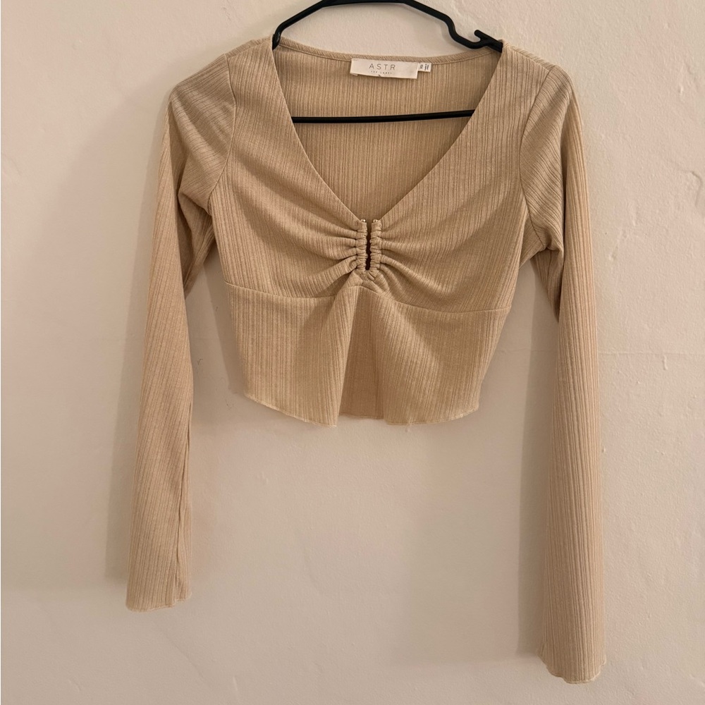 Astr Tan Ribbed V-Neck Crop Top
